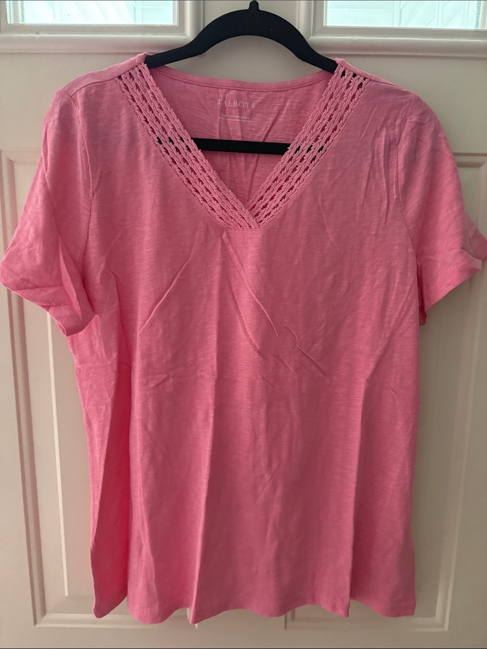 Talbots Pink V-Neck Crochet-Trim Short Sleeve Tee